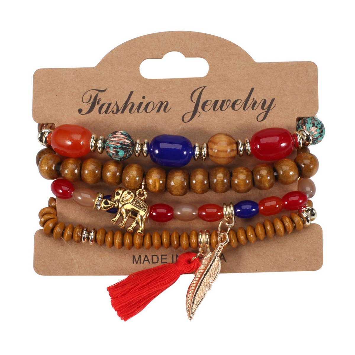 LEAF ELEPHANT TASSEL PENDANT WOODEN BEAD BRACELET_CWAJE2221