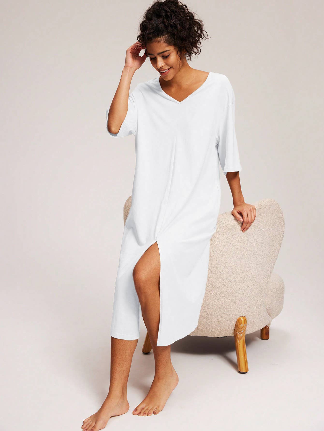 V-Neck Half Sleeve Simple Casual Nightdress