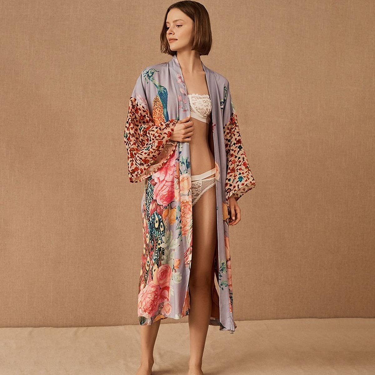 PEACOCK PRINT RESORT SUN PROTECTION BEACH CARDIGAN_CWMM6305