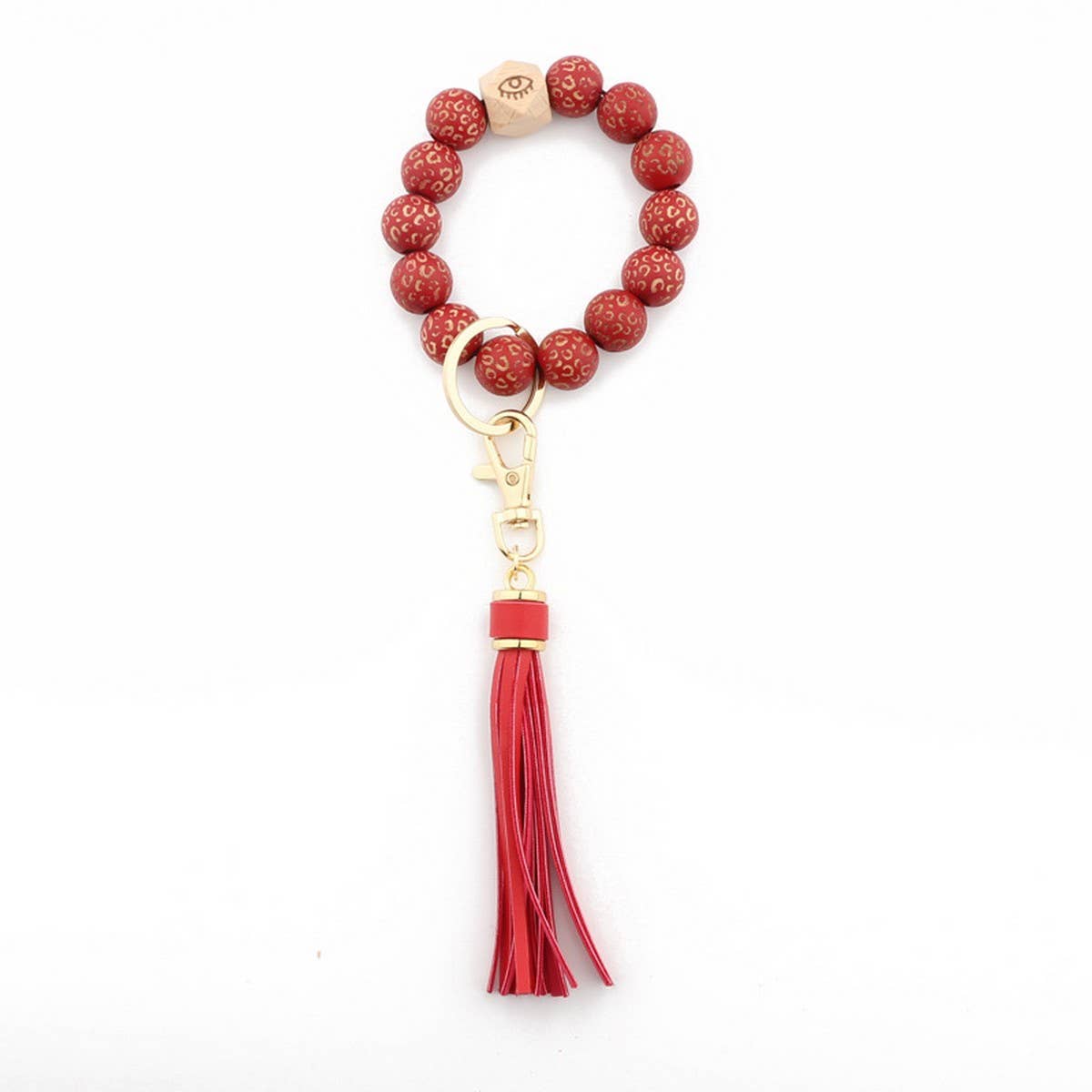 LEOPARD WOOD BEAD BRACELET KEYCHAIN WITH TASSEL_CWMM7016