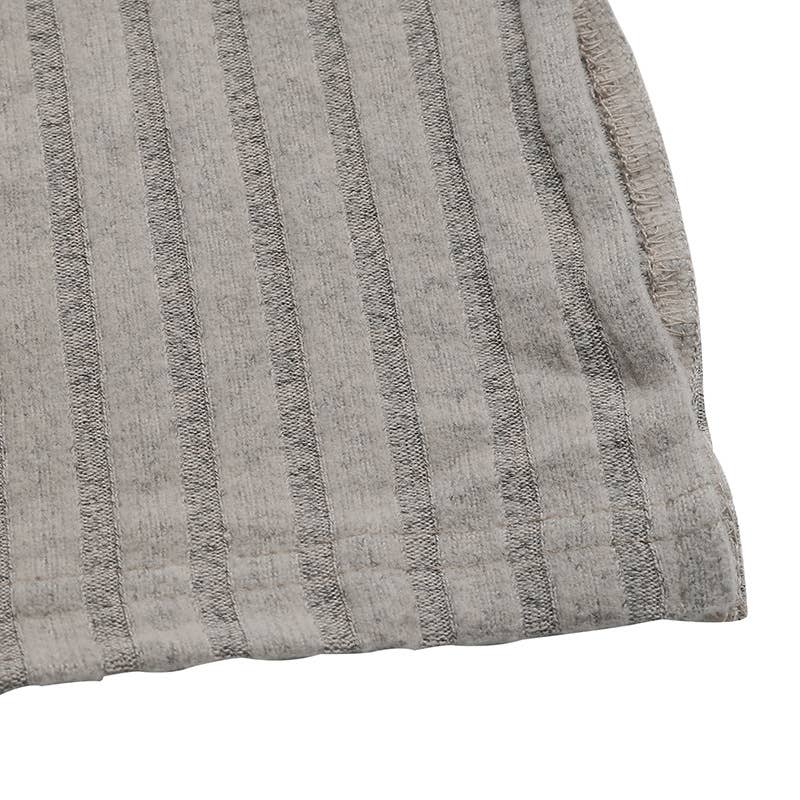 Solid-Color Button Round-Neck Striped T-Shirt