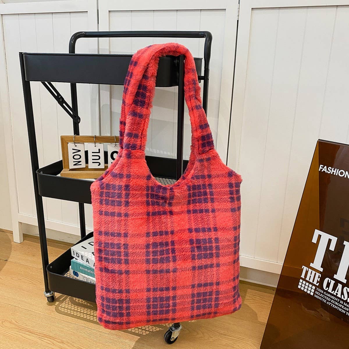 Winter Woolen Shoulder Bag Retro Plaid Plush Bag_Cwab3925