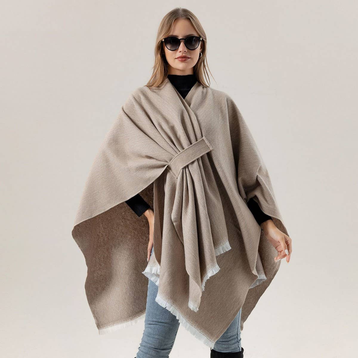 SHAWL KNITTED SOLID COLOR OBLIQUE STRAP CAPE_CWASC2172