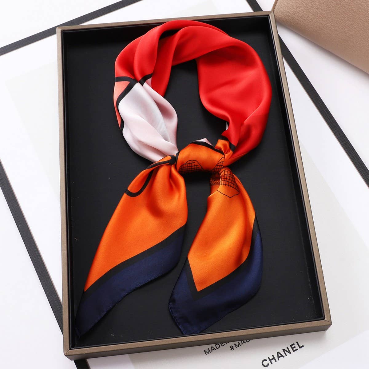 Vintage Letter Print Satin Square Scarf For Women_Cwasc0809