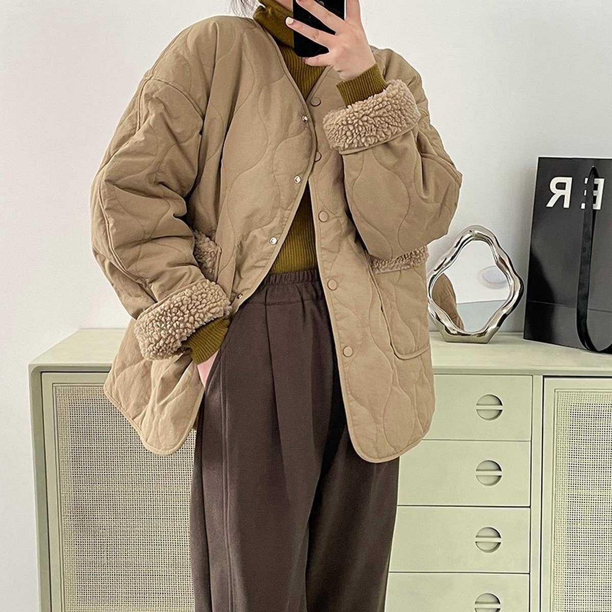 V Round Neck Spliced Lamb Wool Padded Jacket