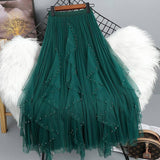 BEADED MESH PLEATED SKIRT A LINE TULLE SKIRT_CWBLS0398