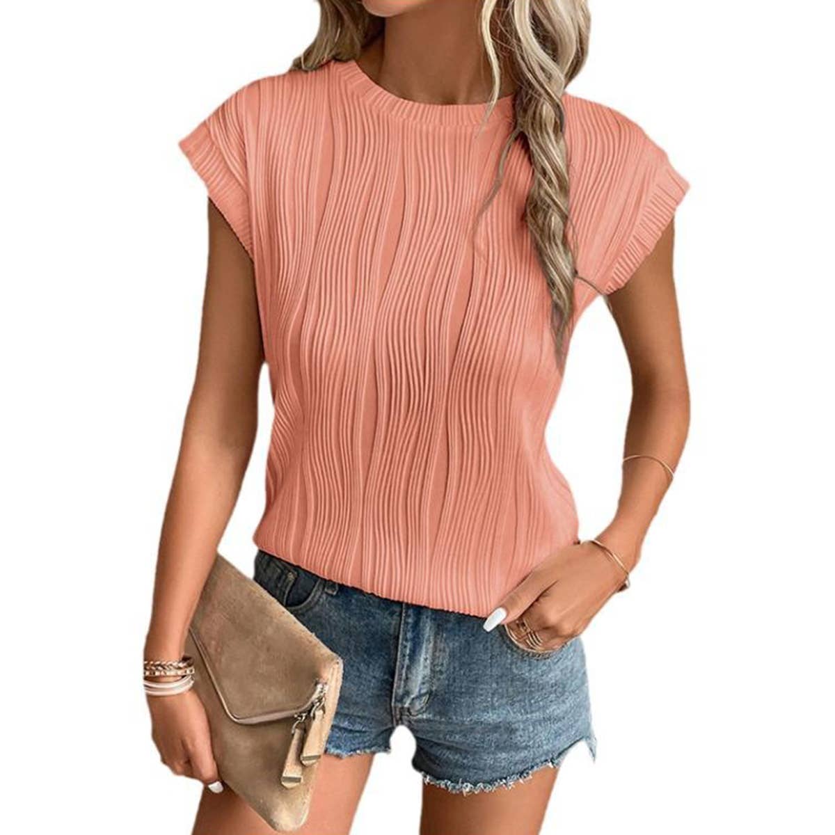 Solid Textured Short Sleeve Pullover Top