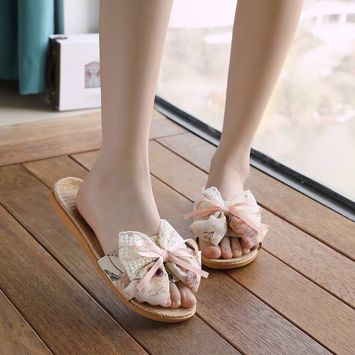 CUTE BOW LINEN SLIPPERS FOR HOME OFFICE_CWSHF0193