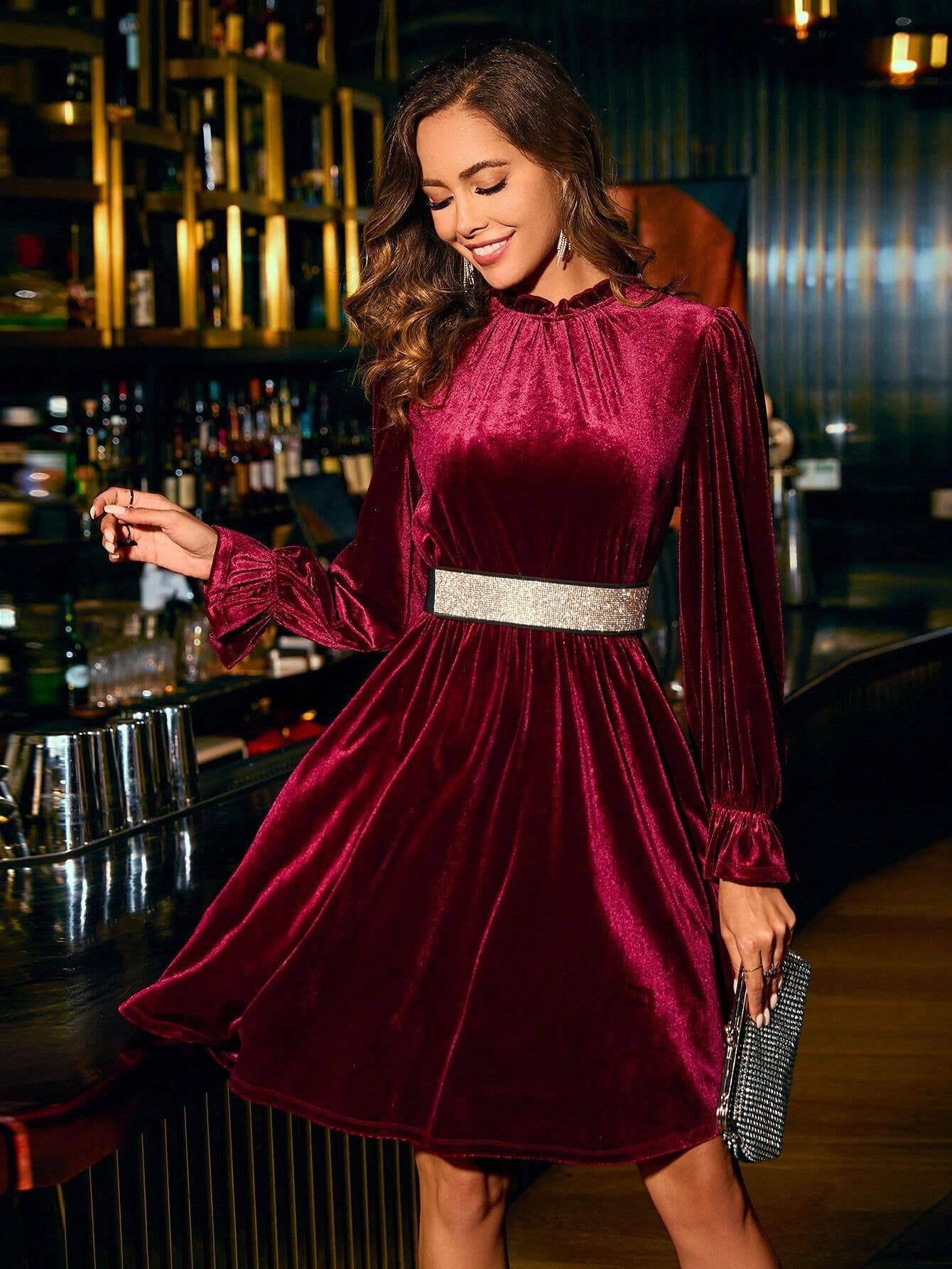 Velvet Semi High Neck Waist A Swing Short Dress