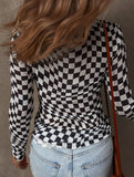 Fashionable plaid print long-sleeved top
