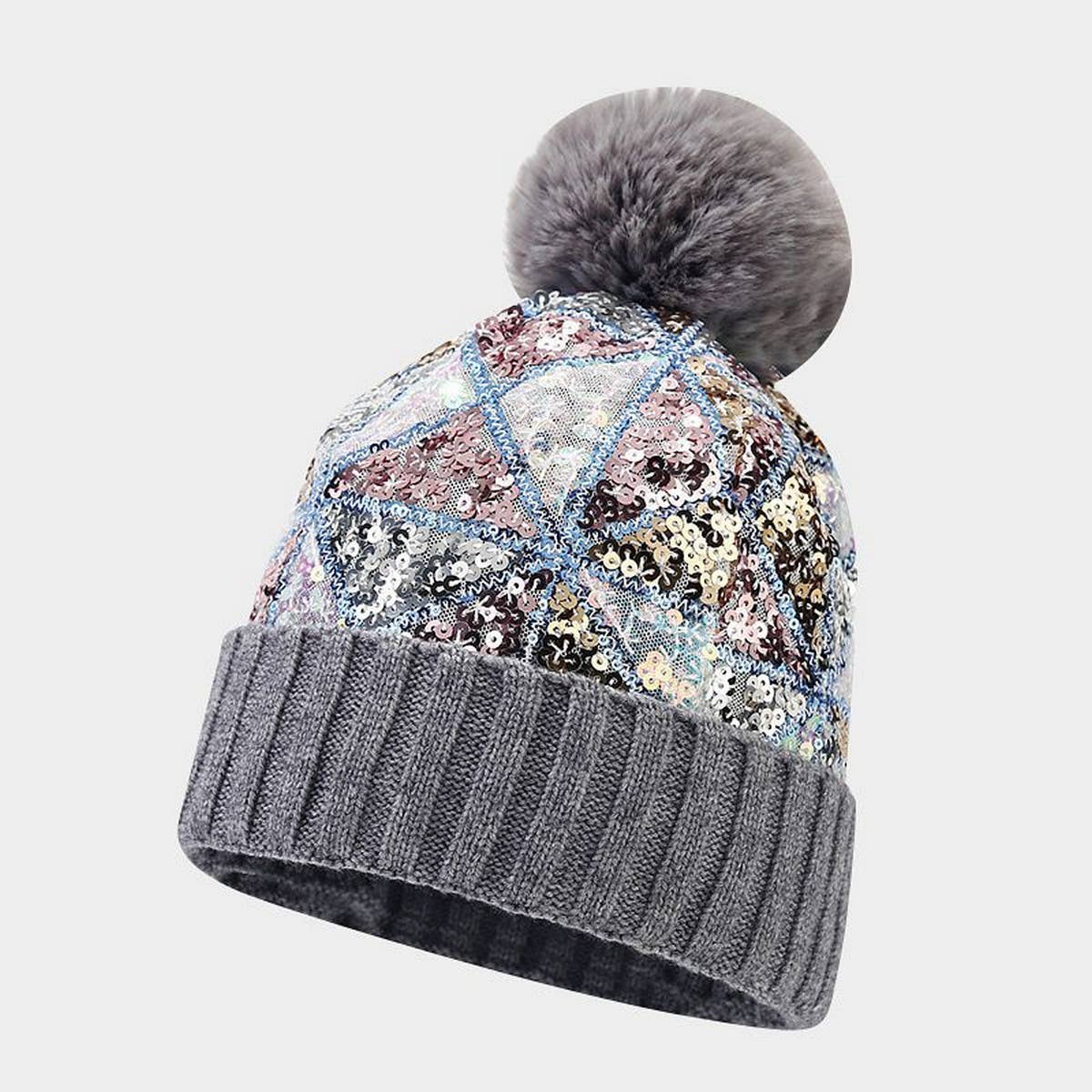COLORFUL SEQUINED POM POM KNITTED HAT_CWAH1613