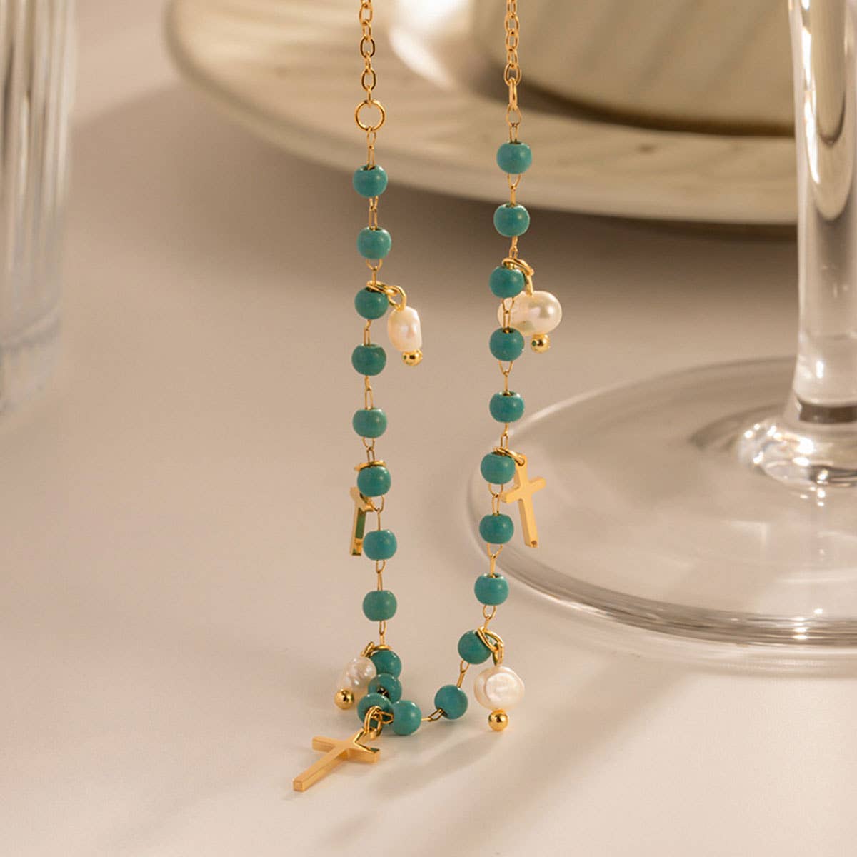 FRENCH TURQUOISE CROSS PENDANT NECKLACE_CWAJE0616