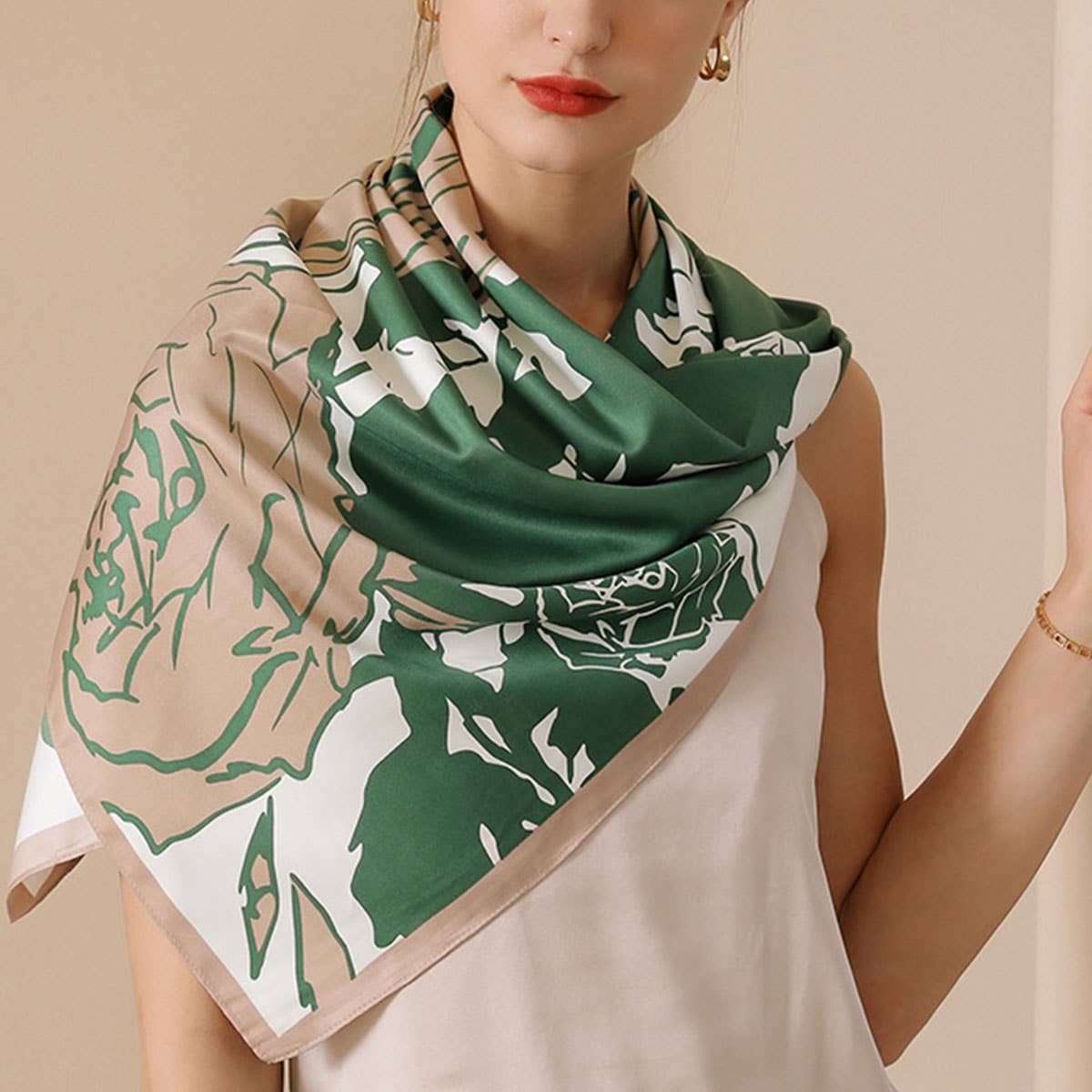 FLORAL PRINT SATIN SCARF FOR WOMEN LARGE SQUARE_CWASC0198
