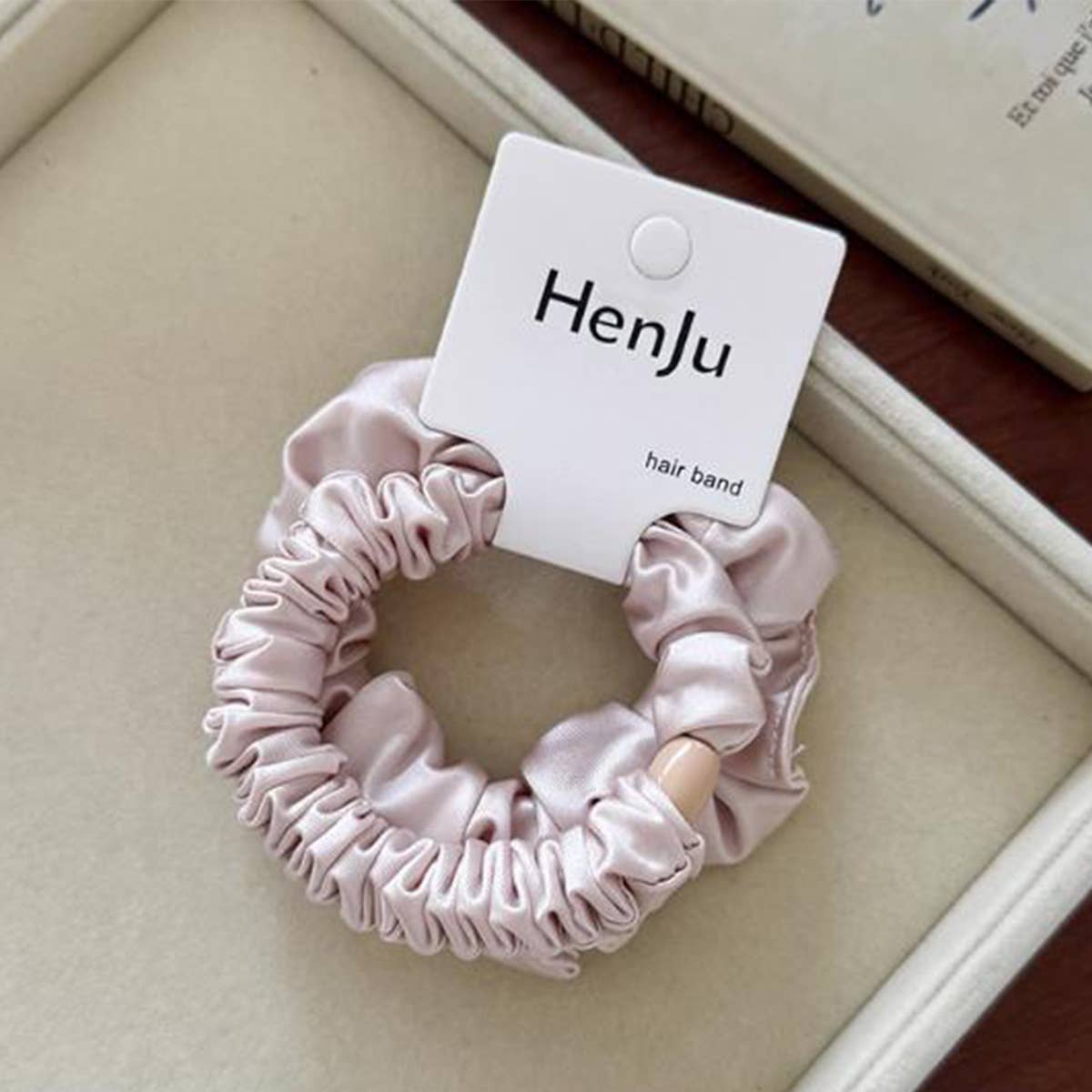 Pink Satin Bead Scrunchie Soft Hair Tie_Cwaha07599