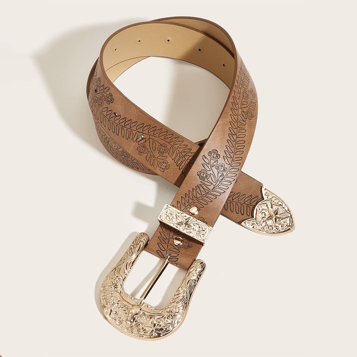 Western Style Horseshoe Print Camel Belt_Cwabe0447