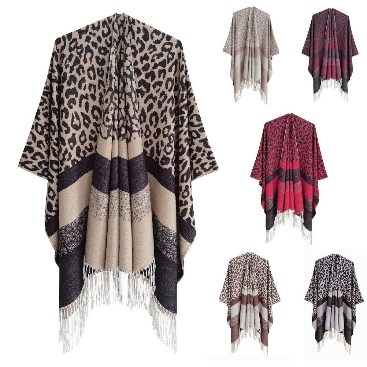 LEOPARD PRINT STRIPED TASSEL WARM SPLIT SHAWL_CWASC0310