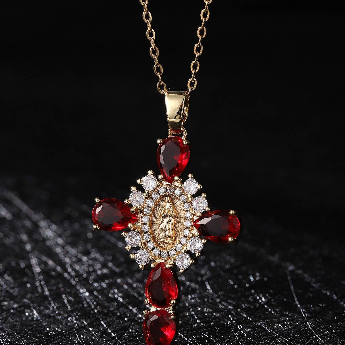 Zirconia Pendan Virgin Mary Cross Necklace_Cwmm5867