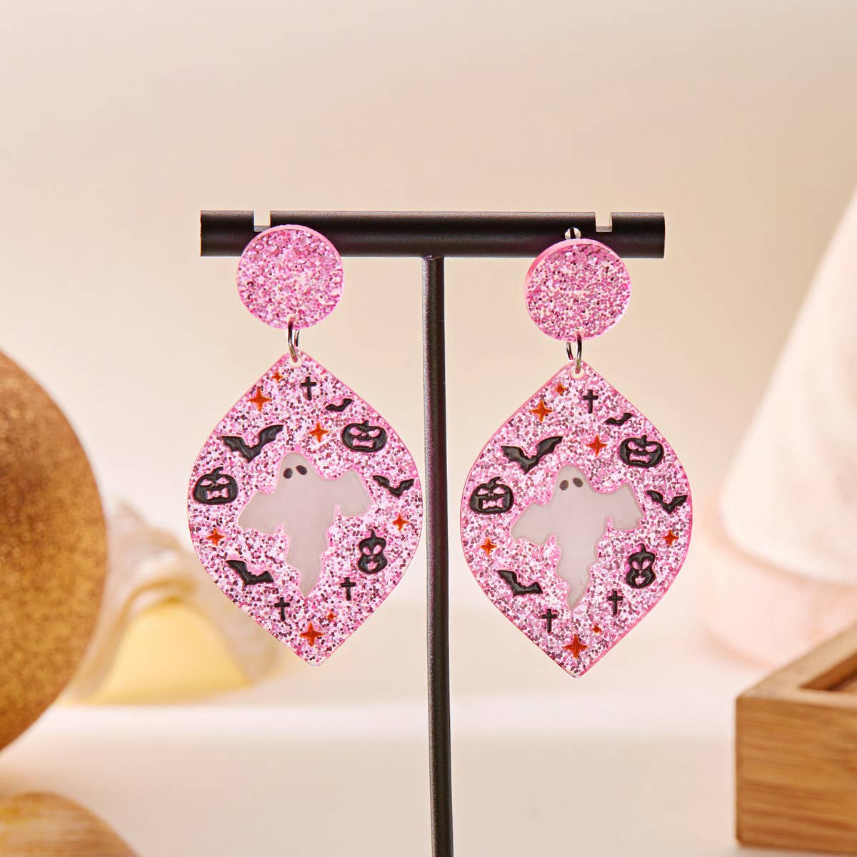 HALLOWEEN FUNNY PUMPKIN BAT LEAF EARRINGS_CWAJE2421