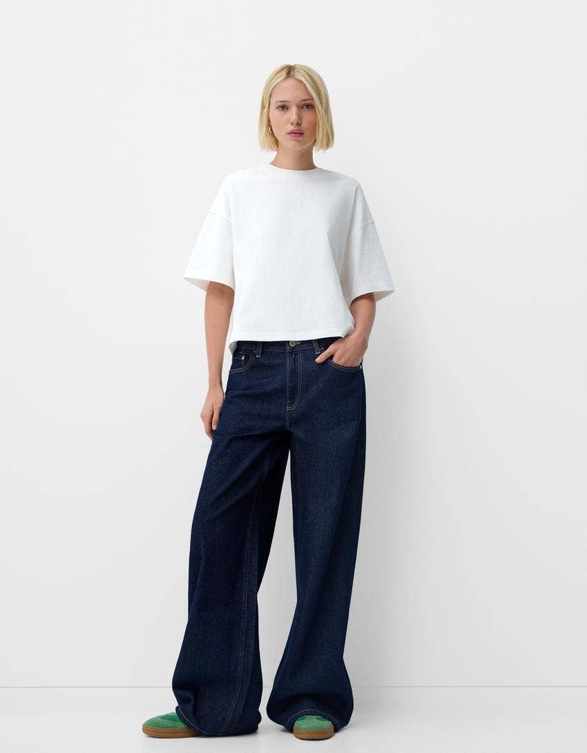 Wash Wide-Leg Mid-Waist Straight-Leg Pants