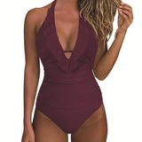 Womens Backless Ruffled One-Piece Swimsuit