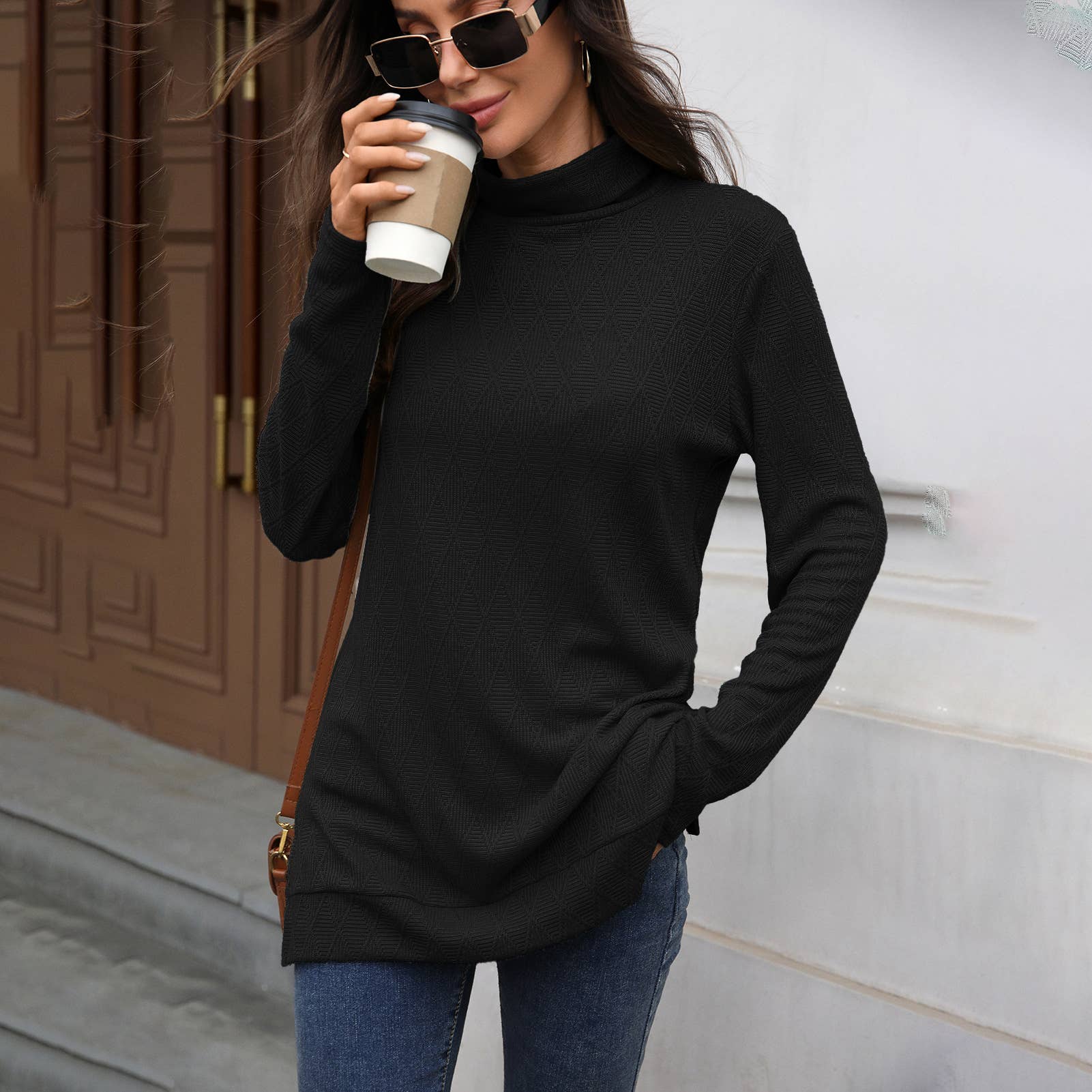 Solid-Color High-Neck Long-Sleeved Slit T-Shirt
