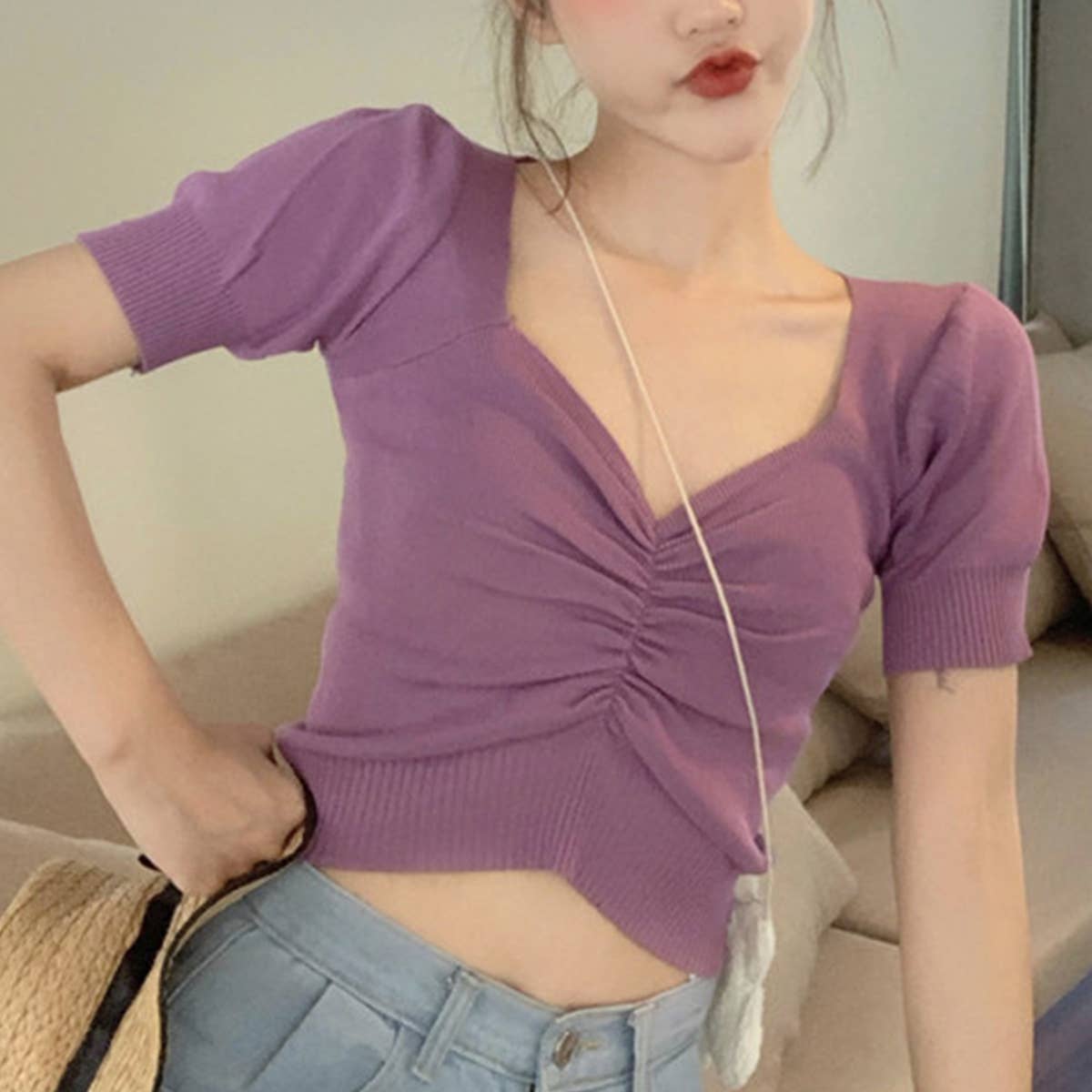 Vintage V-Neck Puffy Sleeve Knit Base T-Shirt