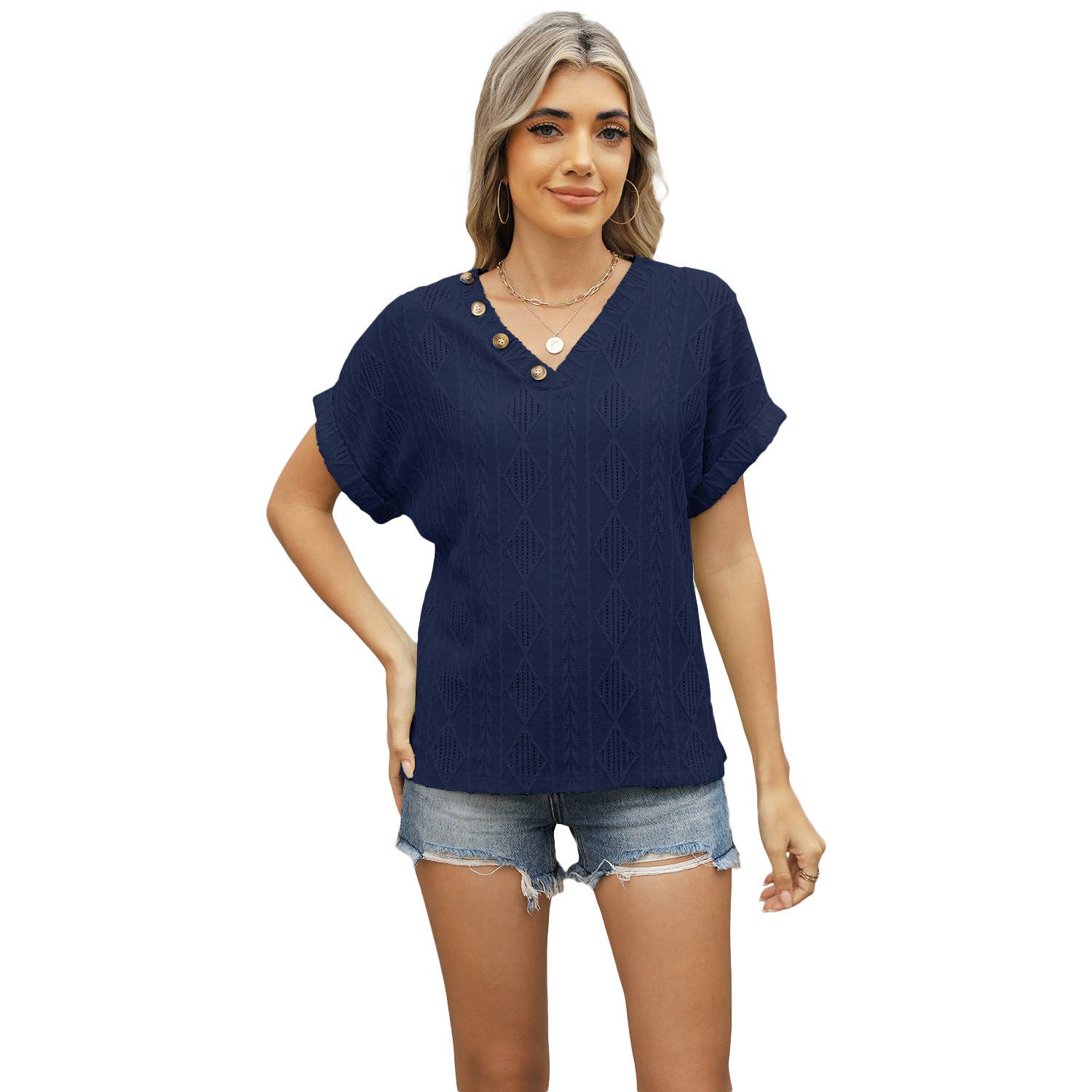 V-Neck Jacquard Button Loose Cutout T-Shirt