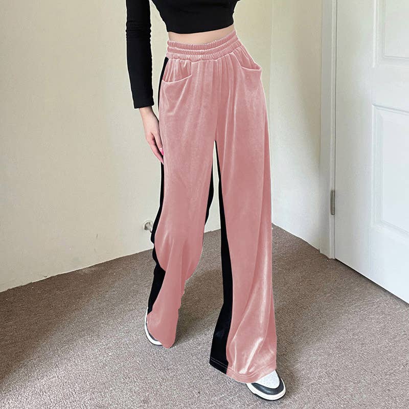Suede Waist Waist Full Vertical Patchwork Pants