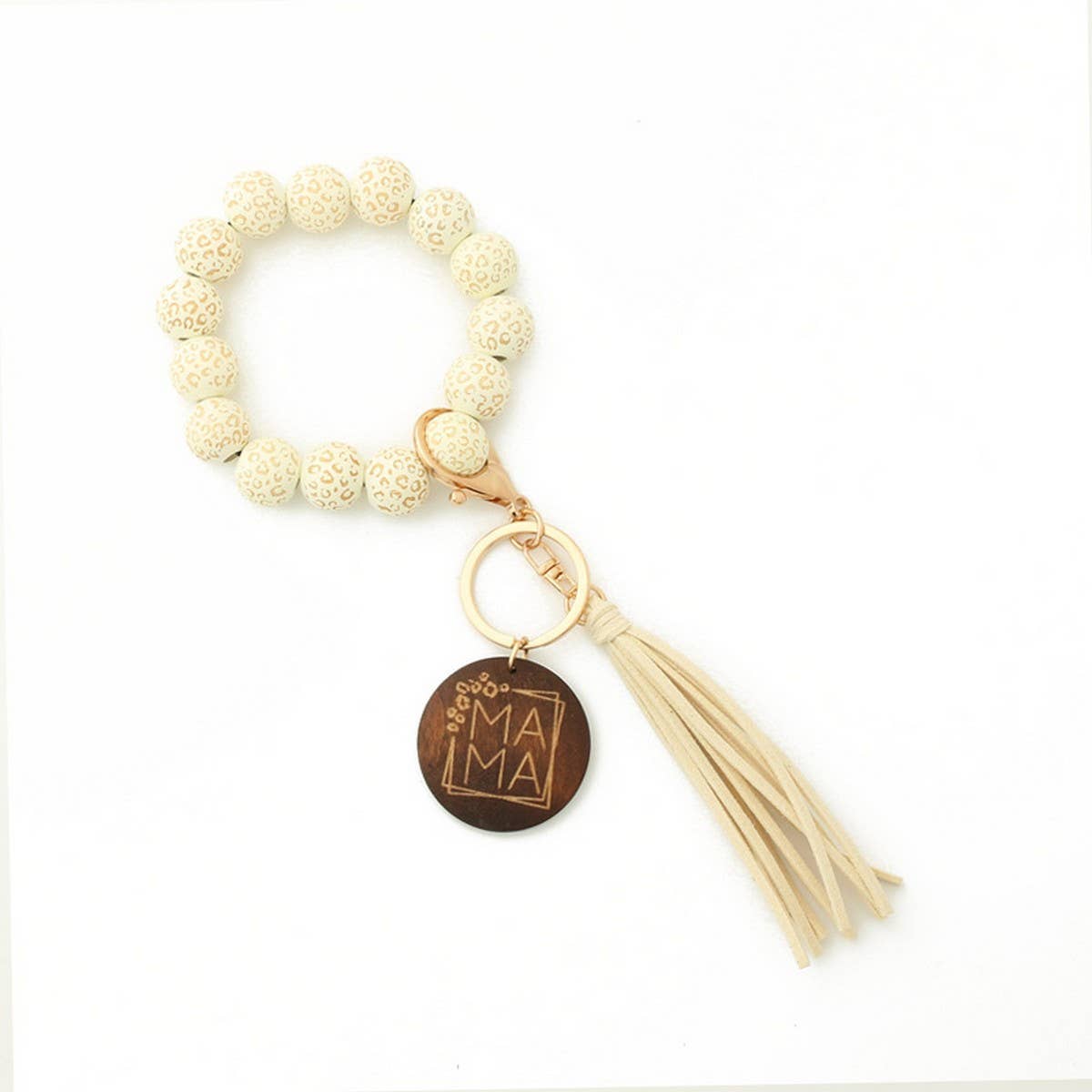 LEOPARD WOOD BEAD BRACELET WITH TASSEL KEYCHAIN_CWAB5107