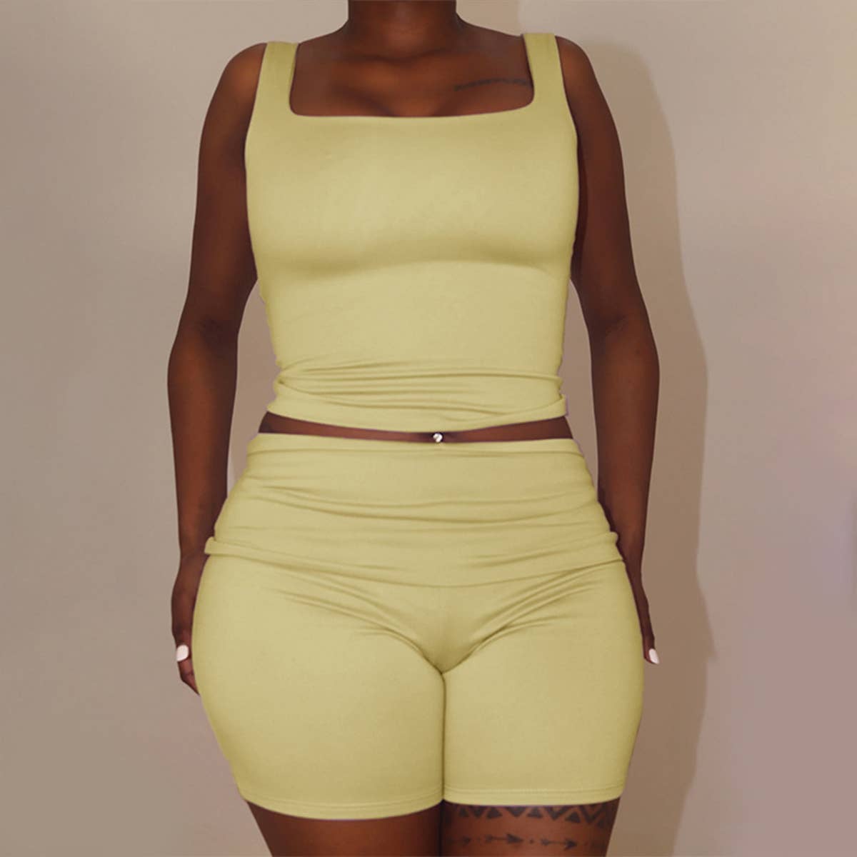 Square Neck Pleated Trendy  Crop Top Set