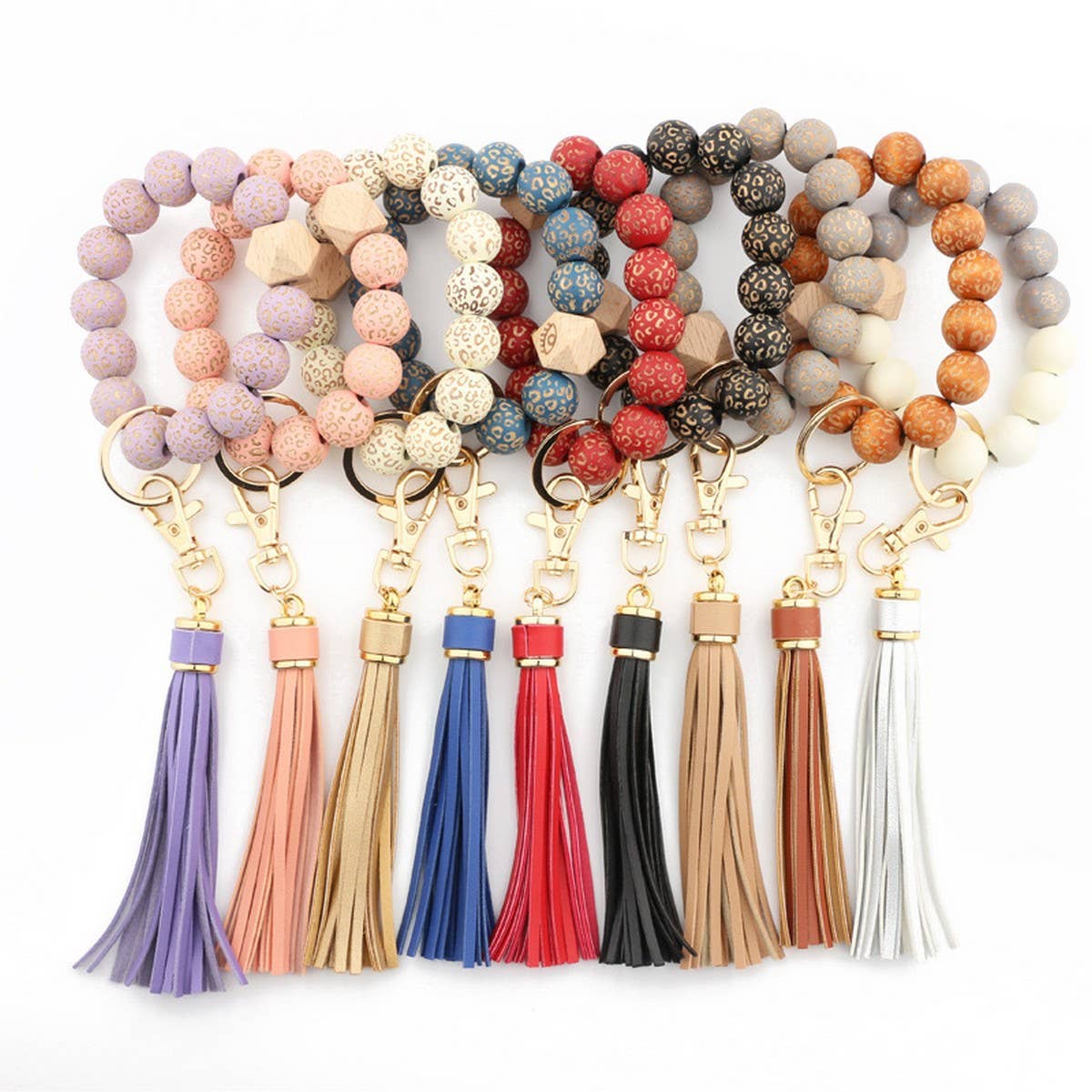 LEOPARD WOOD BEAD BRACELET KEYCHAIN WITH TASSEL_CWMM7016