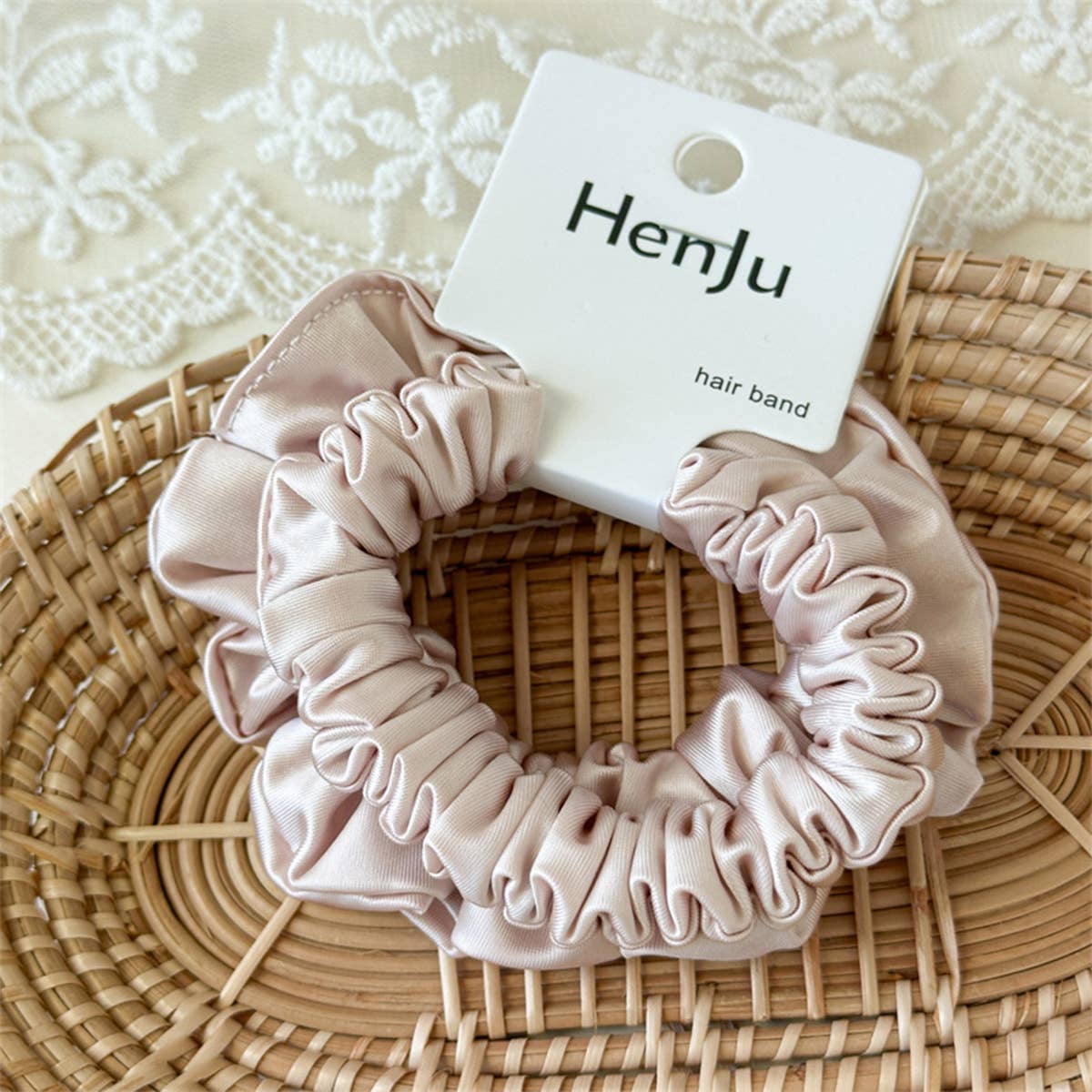 Pink Satin Bead Scrunchie Soft Hair Tie_Cwaha07599