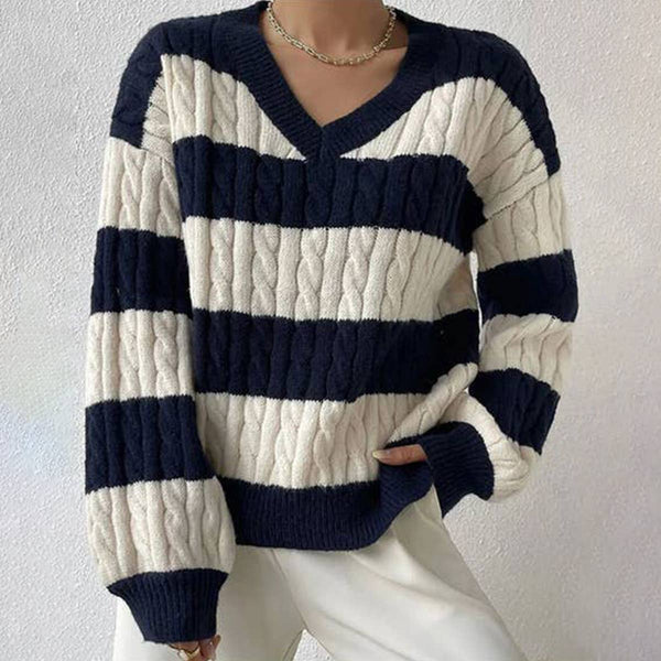 Pullover V-Neck Twist Striped Color Sweater