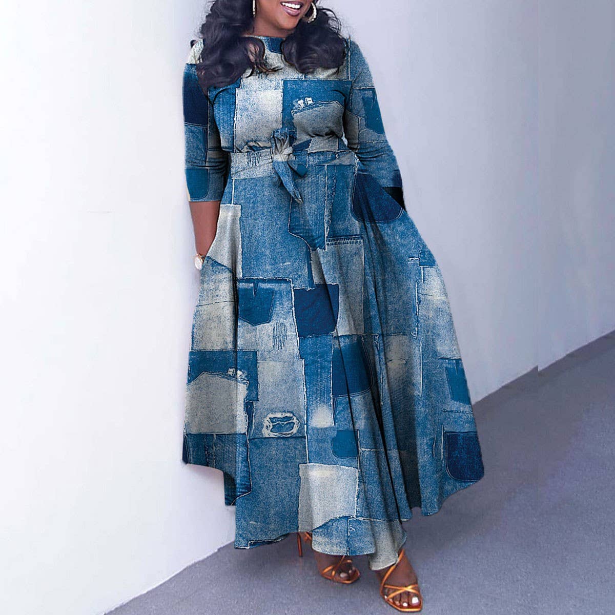 FASHIONABLE LACE UP PRINTED OVERSIZED DRESS_CWDMD3697