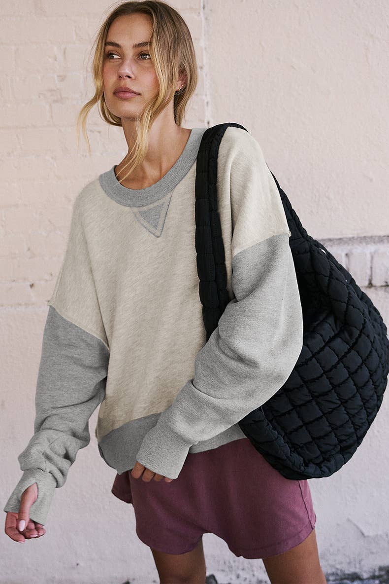 Two-Tone Round-Neck Loose Pullover Hoodie