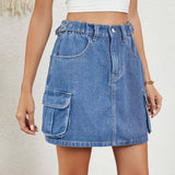 Washed Denim Skirt With Adjustable Waist