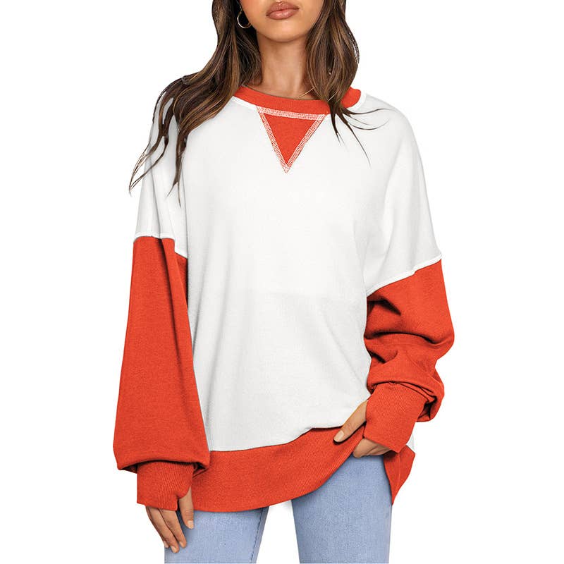 Two-Tone Round-Neck Loose Pullover Hoodie