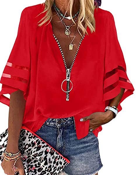 V-Neck Zipper Half Horn Sleeve Mesh Loose Shirt