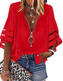 V-Neck Zipper Half Horn Sleeve Mesh Loose Shirt