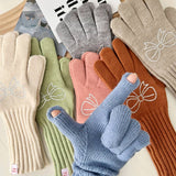 RHINESTONE BOW TOUCH SCREEN FIVE FINGER GLOVES_CWAG0141
