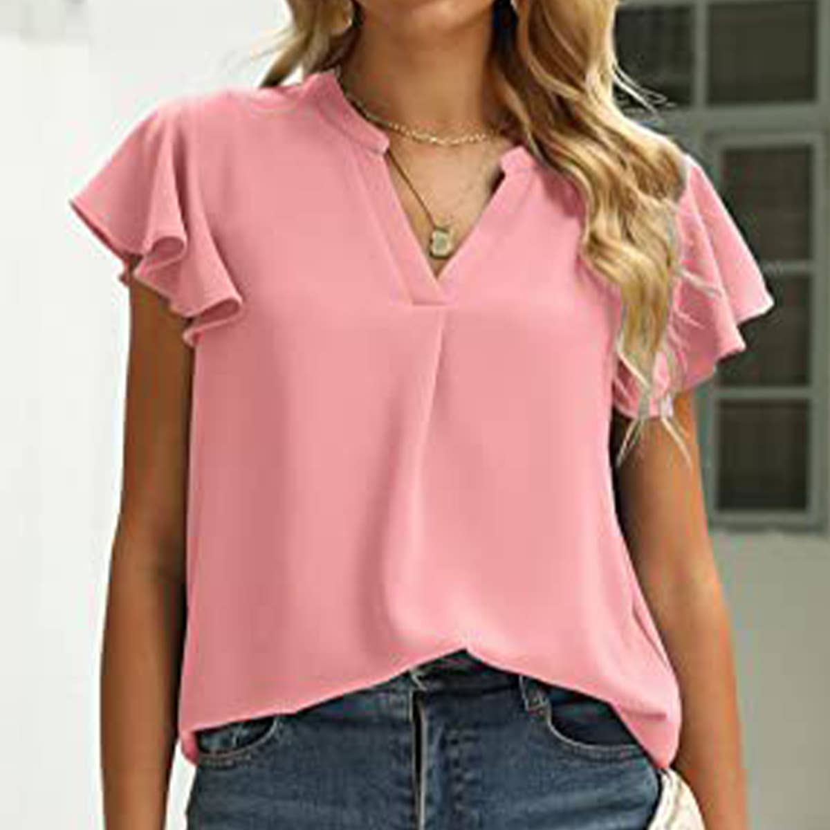V-Neck Fly Sleeve Short Sleeve Solid Color Top