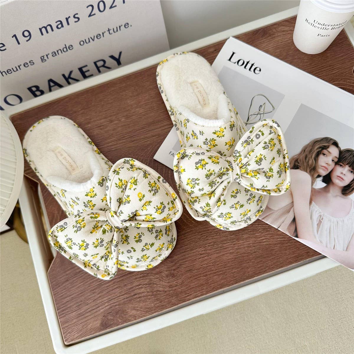 Womens Bowknot Floral Plush Home Slippers_Cwmm2980