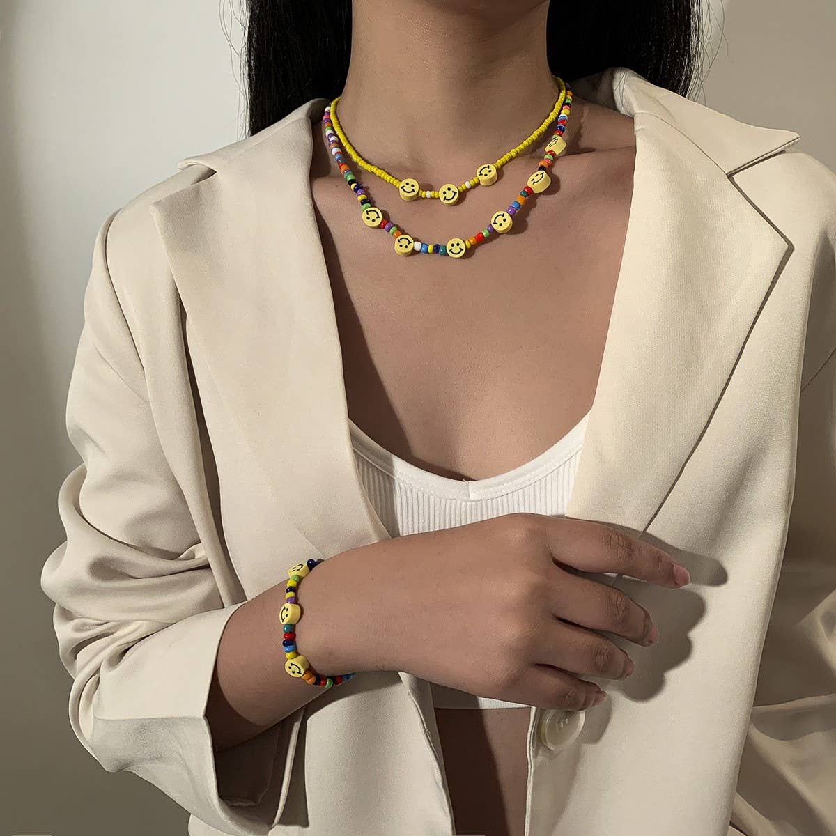 COLD GEOMETRIC COLOR SMILEY FACE NECKLACE_CWAJE1481