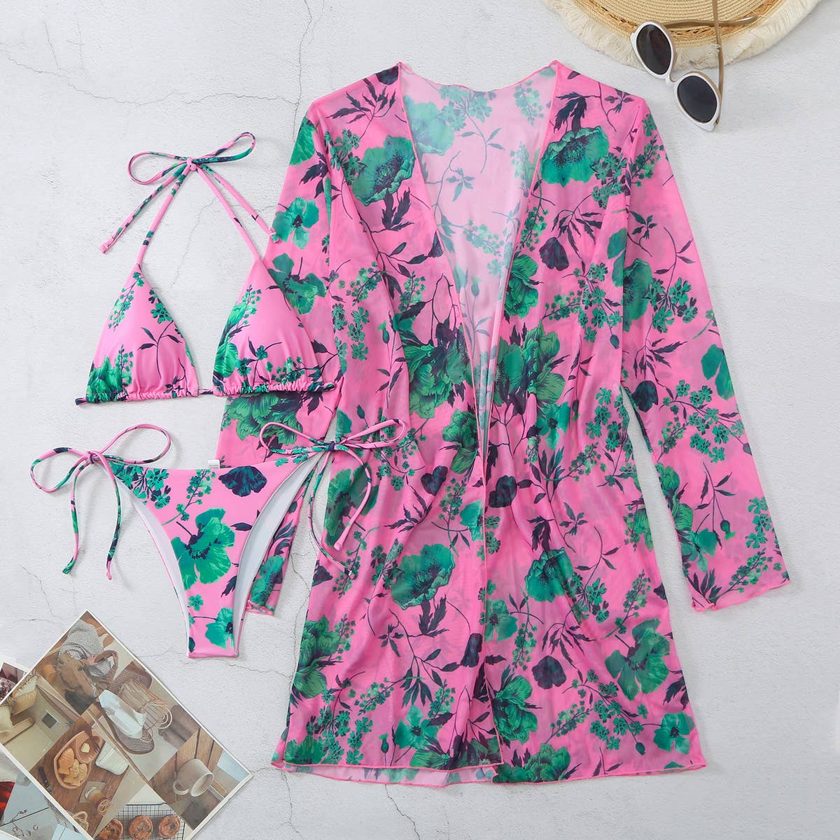 FLORAL PRINT COVER UP BIKINI 3PCS SET SWIMSUIT_CWMW0317