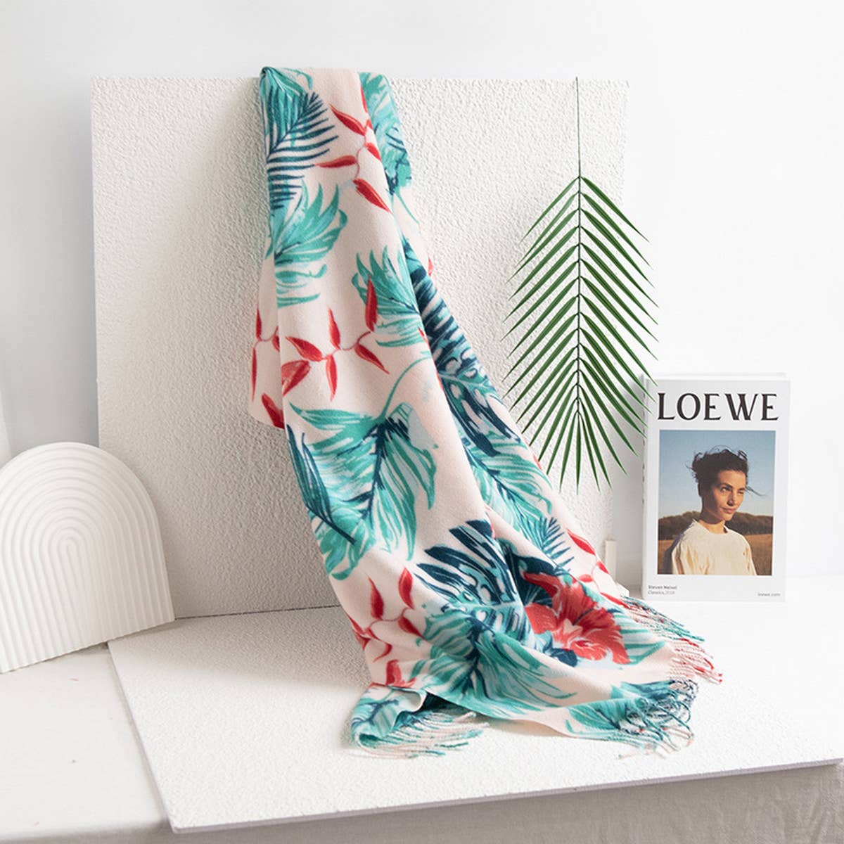LEAF PRINT TASSEL SCARF SOFT FAUX CASHMERE WRAP_CWASC0915