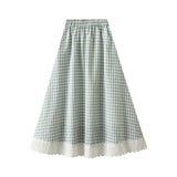 LACE TRIM PLAID HIGH WAIST A LINE MIDI SKIRT_CWBMS0344