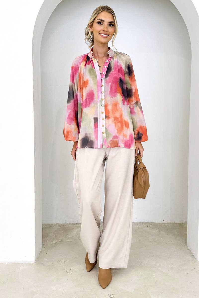 Women Tie Dye Marble Print Button Down Blouse_Cwtbll0359