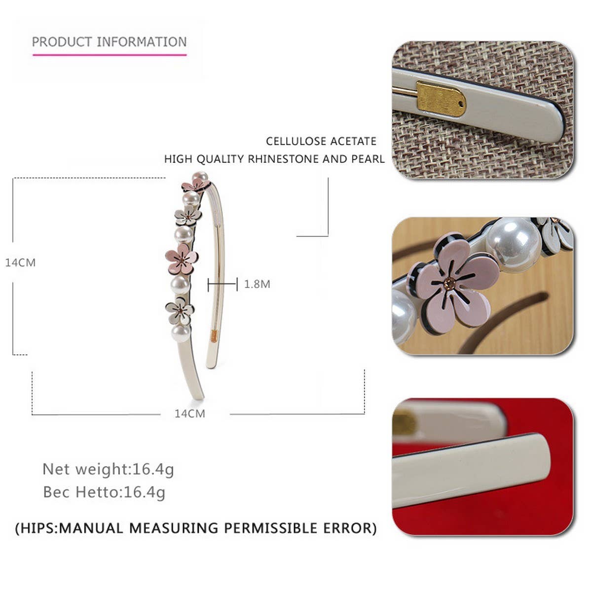 ACETATE PLATE SMALL FLOWER PEARL HEADBAND HAIRPIN_CWAHA4355