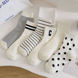 Women'S New White Striped Polka Dot Mid-Calf Socks_Cwms1350