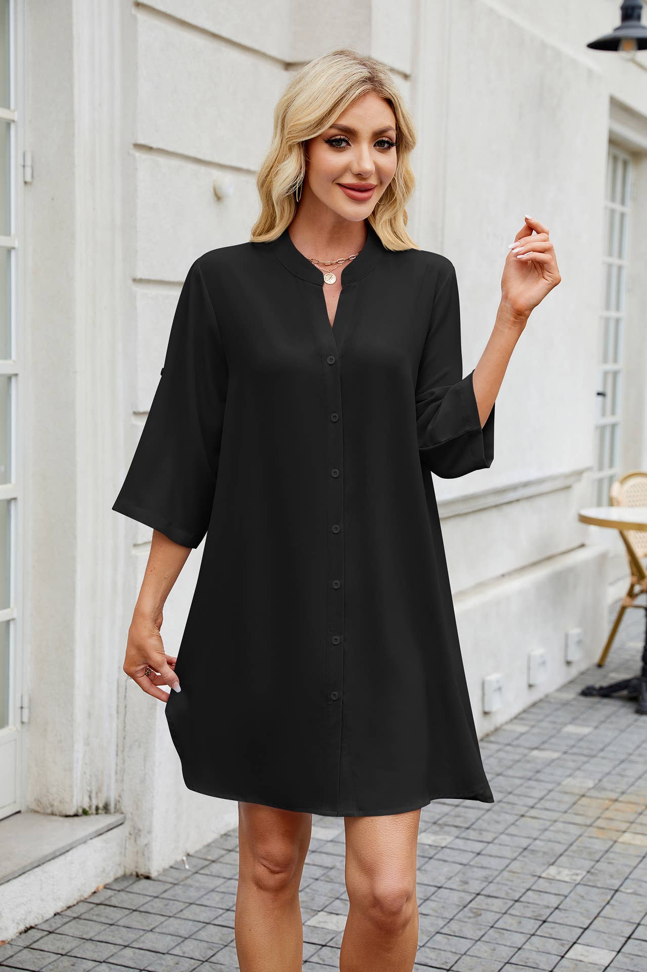 Solid Color Mid-Sleeve Button-Down Shirt Dress